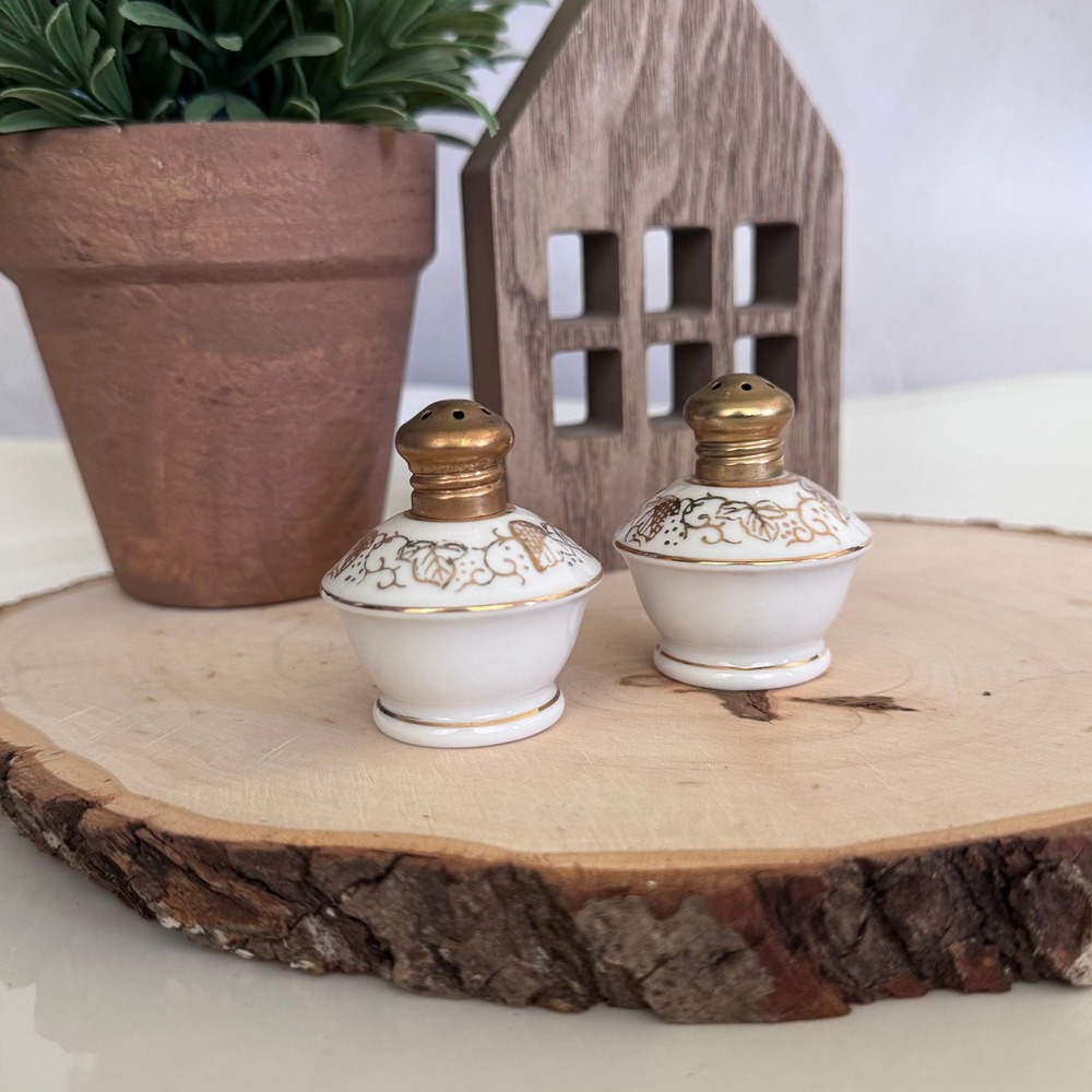 Vintage Irice Hand Painted Porcelain Salt and Pepper Shakers Gold Leaf White Set